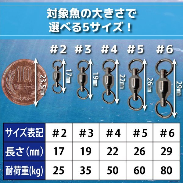 ボール ベアリング スイベル 20 個 サイズ 2 破断値 25 kg ソリッド リング サルカン 釣り ステンレス ルアー 黒 ブラック K1-_画像6