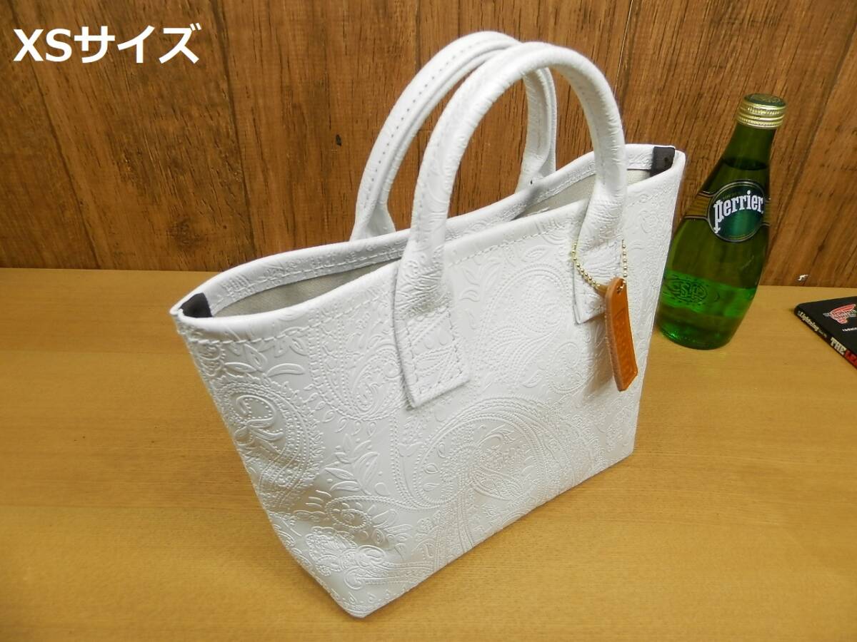 ☆XSサイズ☆白ペイズリー柄レザーのミニトートバッグ!日本製ホワイト白ステッチ本革ハンドメイド