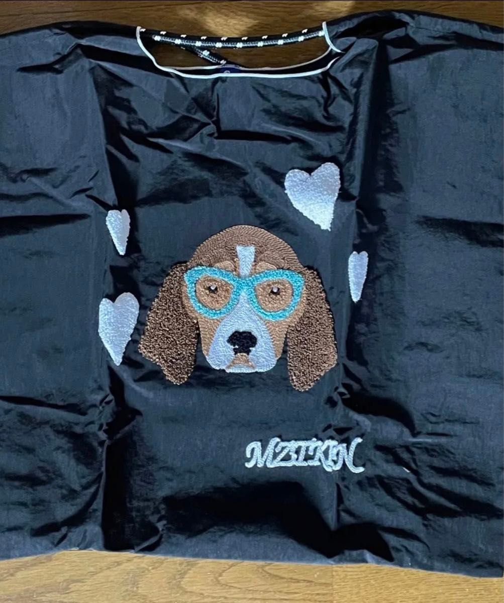 【新品】エコバッグ　可愛い　犬　ナイロン　刺繍　ワッペン　ブラック　L