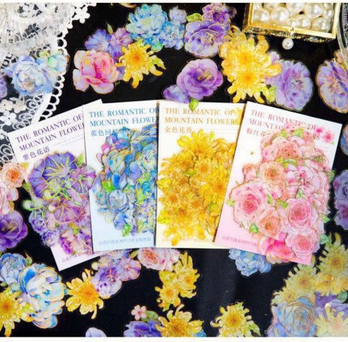 4色セット フラワー デコレーション 手帳 お花  透明 シール 箔押し 金 スクラップブッキング コラージュ ステッカー 