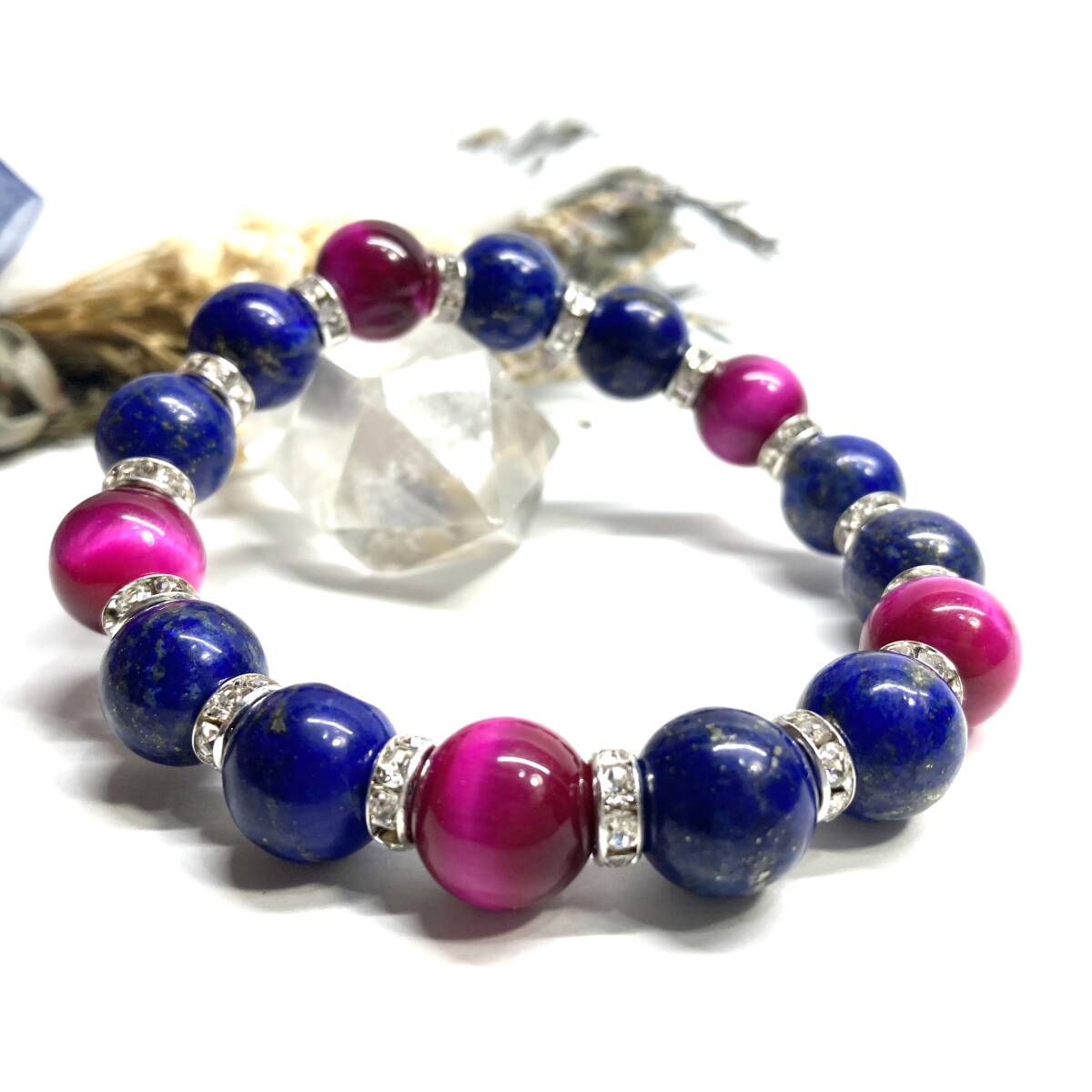 Lapis lazuli &amp; Pink Tiger Eye Power Stone Bracelet Natural Stone Heath (Silver) 12 мм Удачи мужчины мужчины ☆