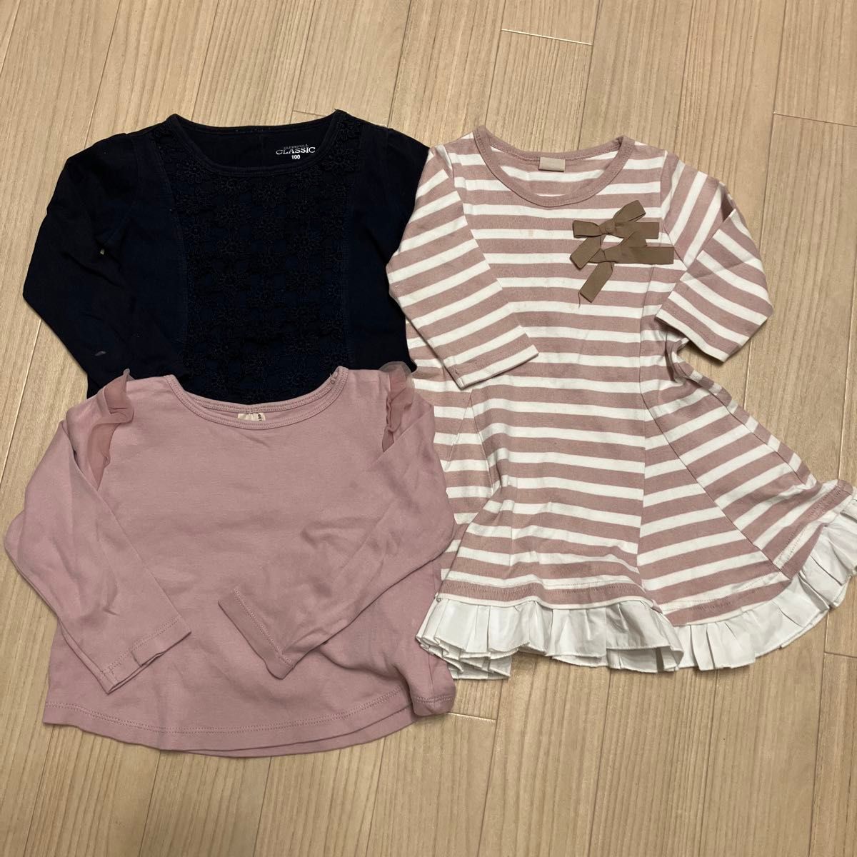 プティマイン　トップス 女の子 カットソー 長袖 Tシャツ　春夏　ワンピース　フリル　透かし　保育園　幼稚園　100cm 