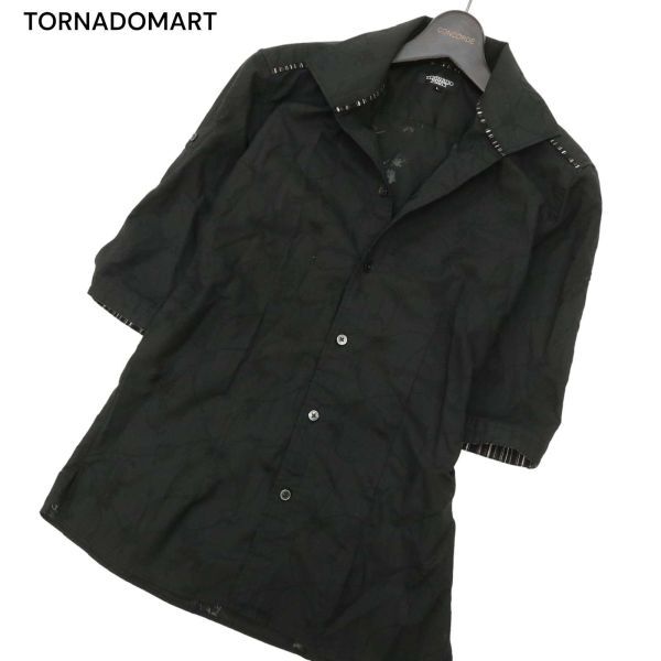 TORNADOMART トルネードマート 春夏 花柄 フラワー総柄★ ストライプ使い 7分袖 スリム シャツ Sz.L　メンズ 黒 日本製　C4T03434_4#A_画像1