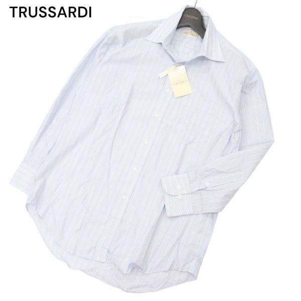 【新品 未使用】 TRUSSARDI トラサルディ 通年 胸ポケット 長袖 ストライプ シャツ Sz.40-82　メンズ 日本製　C4T03652_4#C_画像1