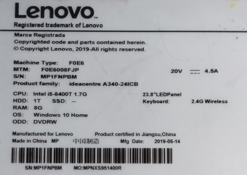 041216 Lenovo ideacentre A340-24ICB F0E6 Core i5-8400T Mem8GB HDD1TB Win11Home JUNKの画像6