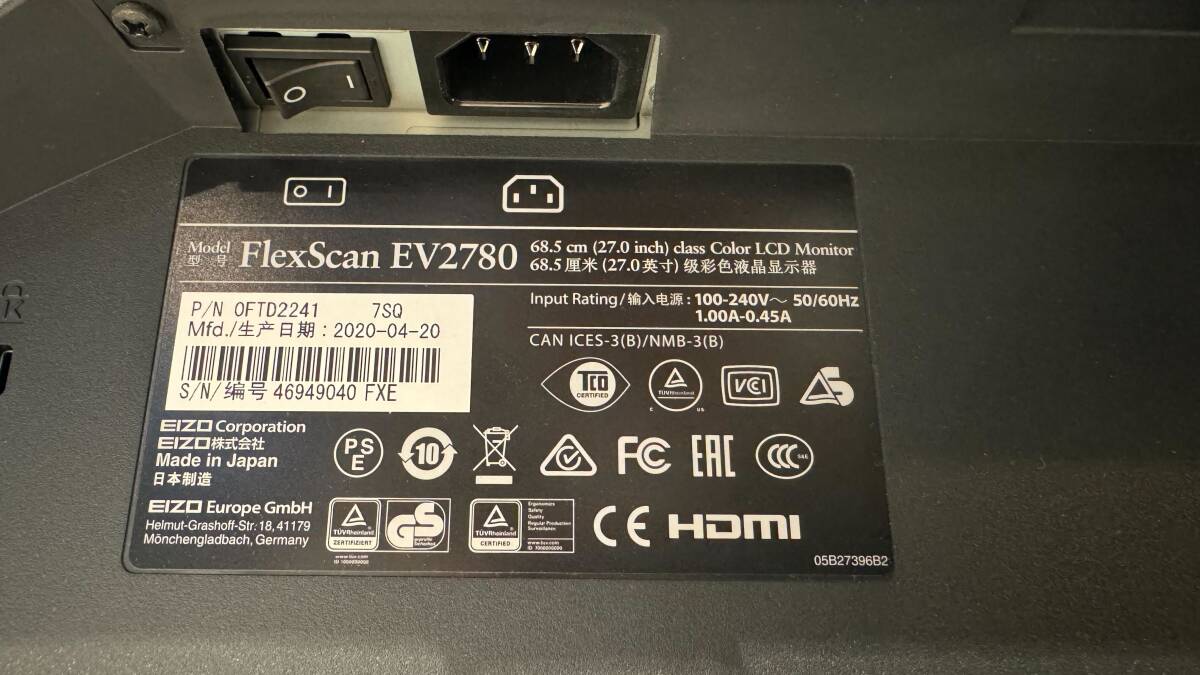 EIZO FlexScan EV2780-BK WQHD(2560x1440pixel) 27インチ IPS液晶 ブラック USB-C PD 30W対応 2020年製 46949040の画像4