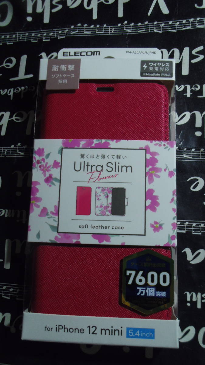 iPhone 12 mini レザーケース UltraSlim 磁石付 手帳型 外側ディープピンク色 内側Flowers柄 横開きタイプのフラップ付 カードポケット付の画像1