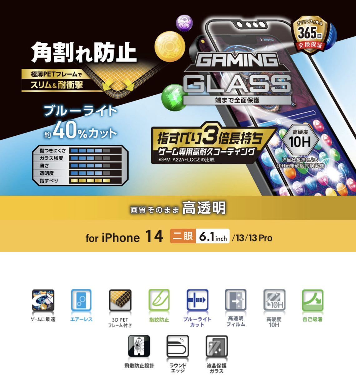 ◎エレコム iPhone14/13/13Pro ガラスフィルム ゲーミング 3D フレーム付 ブルーライトカット ELECOM 722_画像4