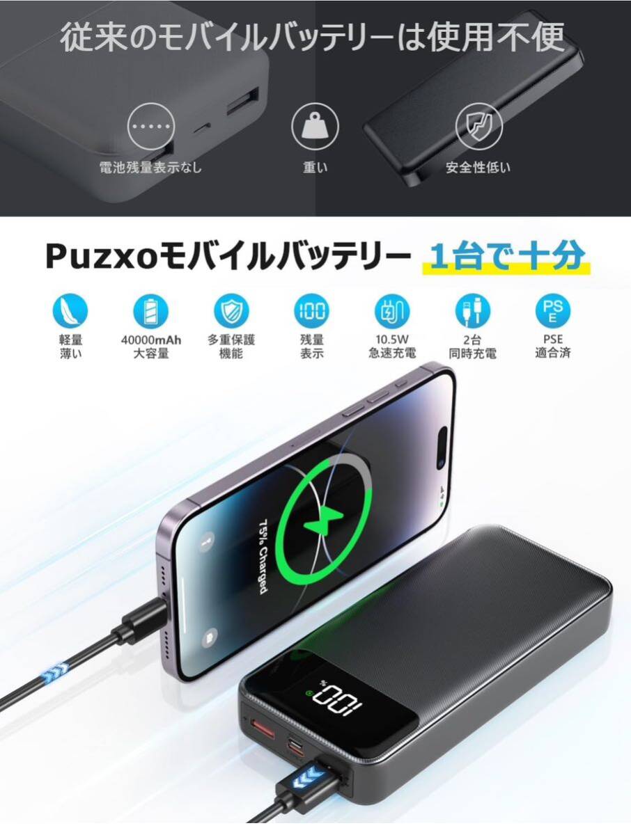 【40000mAh大容量】モバイルバッテリー 急速充電 PSE技術適合品 2台同時充電 LCD電量残量表示 二つのUSB-A出力ポート搭載 2WAY入力_画像2