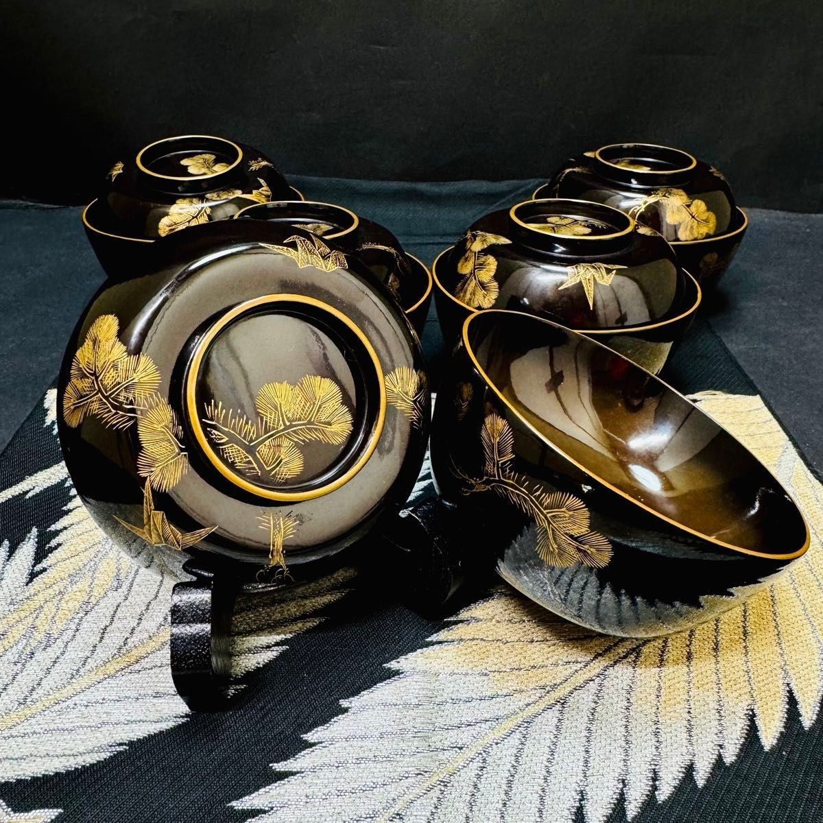 漆器 輪島塗 沈金松鶴 金蒔絵 木製 蓋付椀 お煮物椀 吸物椀 5客 漆器 輪島塗 沈金松鶴 金蒔絵 木製 蓋付椀 お煮物椀 吸物椀 5客