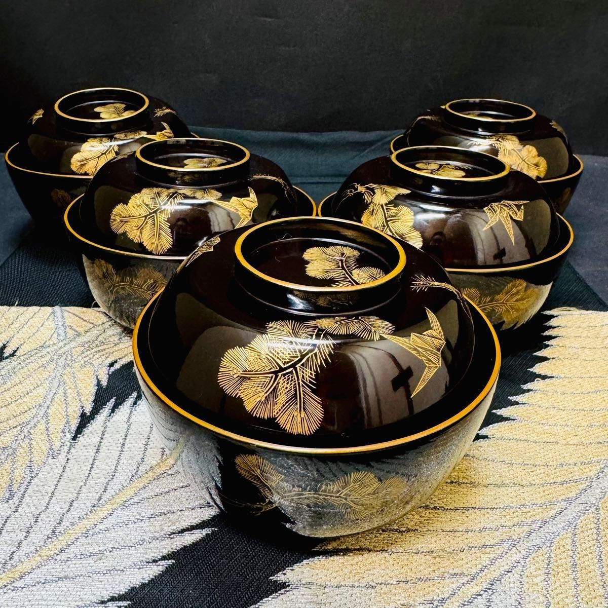漆器 輪島塗 沈金松鶴 金蒔絵 木製 蓋付椀 お煮物椀 吸物椀 5客 漆器 輪島塗 沈金松鶴 金蒔絵 木製 蓋付椀 お煮物椀 吸物椀 5客