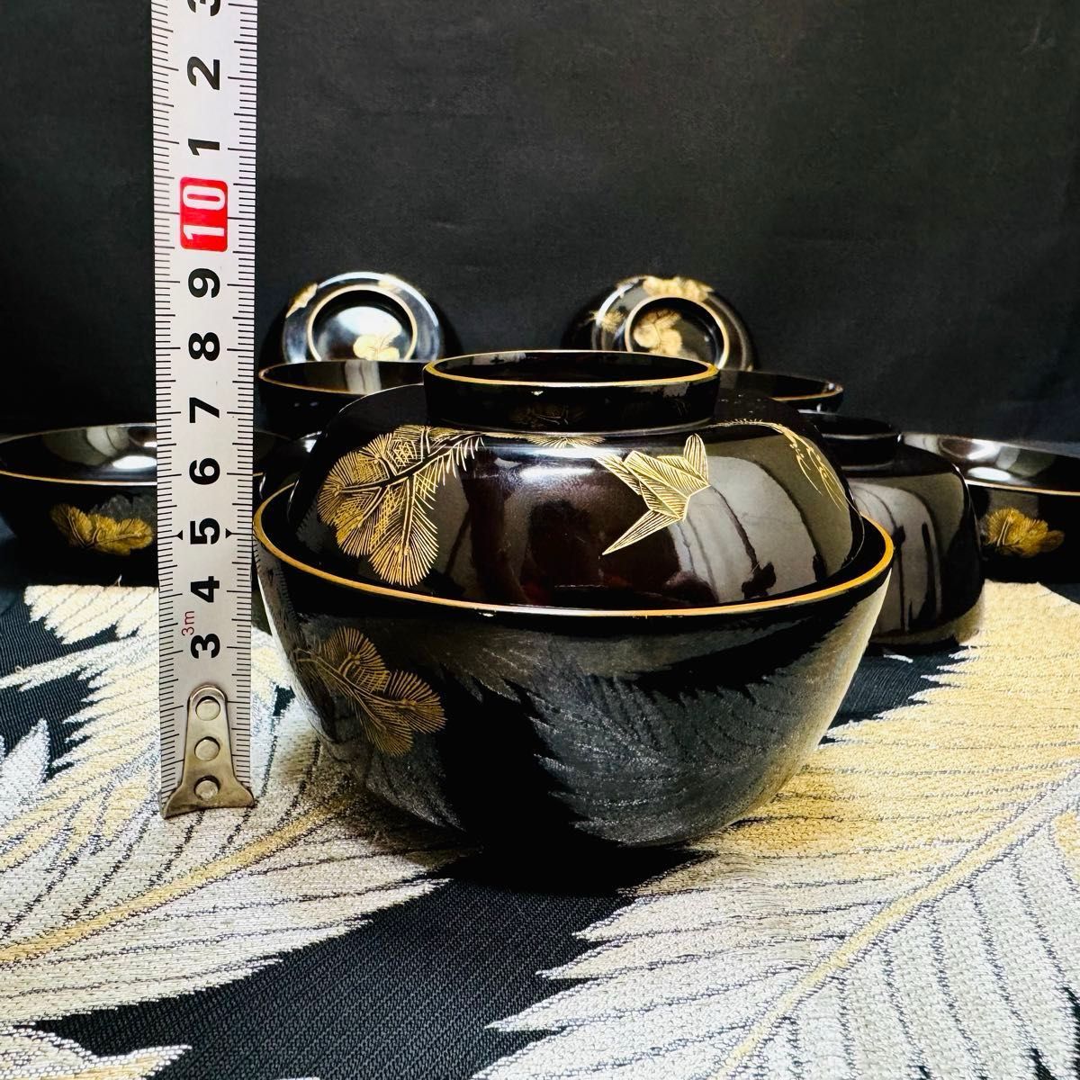 漆器 輪島塗 沈金松鶴 金蒔絵 木製 蓋付椀 お煮物椀 吸物椀 5客 漆器 輪島塗 沈金松鶴 金蒔絵 木製 蓋付椀 お煮物椀 吸物椀 5客