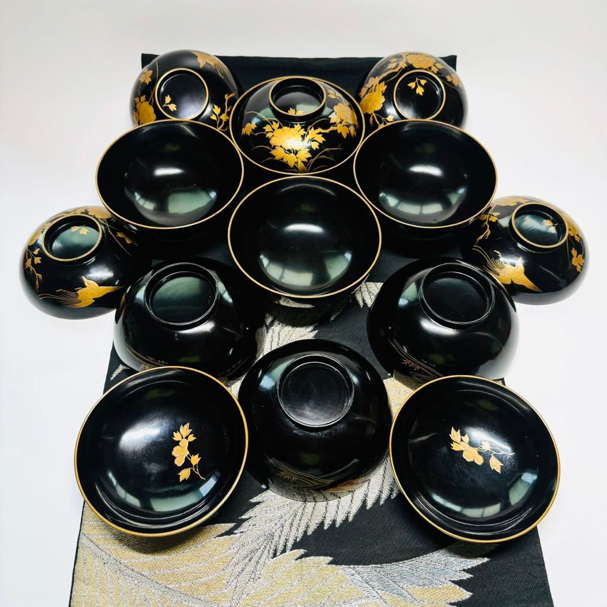 漆器　輪島塗　沈金牡丹鳳凰絵　金蒔絵　木製　蓋付椀　お煮物椀　吸物椀　7客　骨董 懐石道具