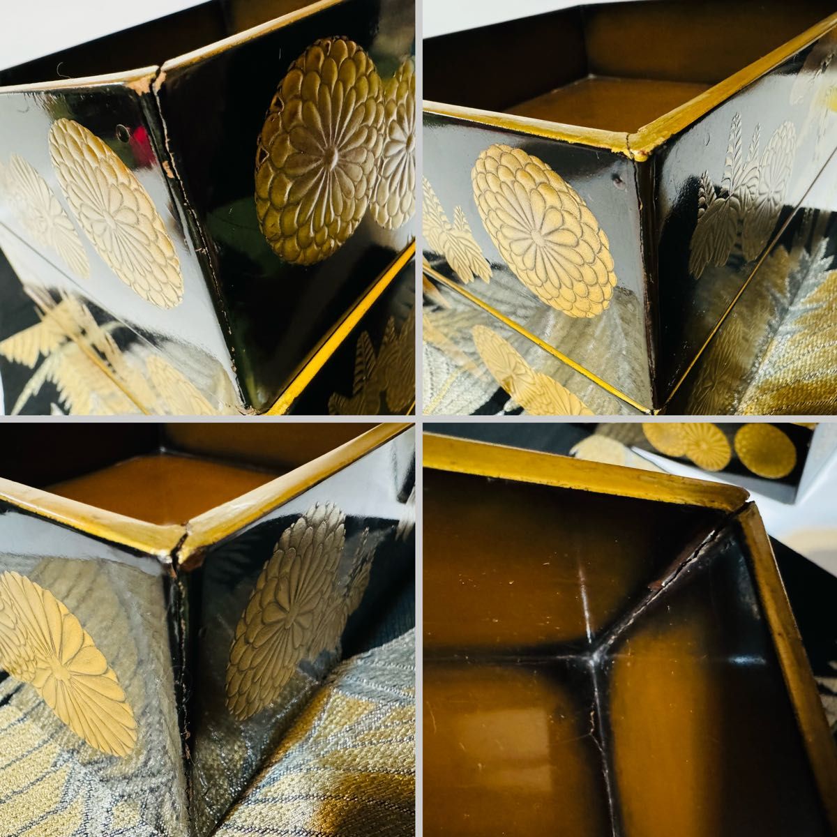 漆器　輪島塗　沈金　老松細工　金蒔絵　木製　三段　重箱　時代品