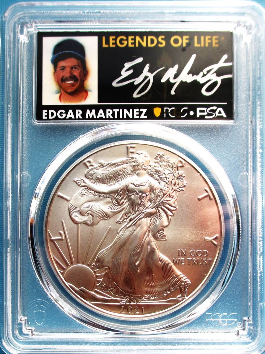 ★★ 最高鑑定 シルバーイーグル 2021-P T-1 MLBレジェンド Edger Martinez 直筆サイン １$ .999銀貨 PCGS MS70 First Day ★★の画像1