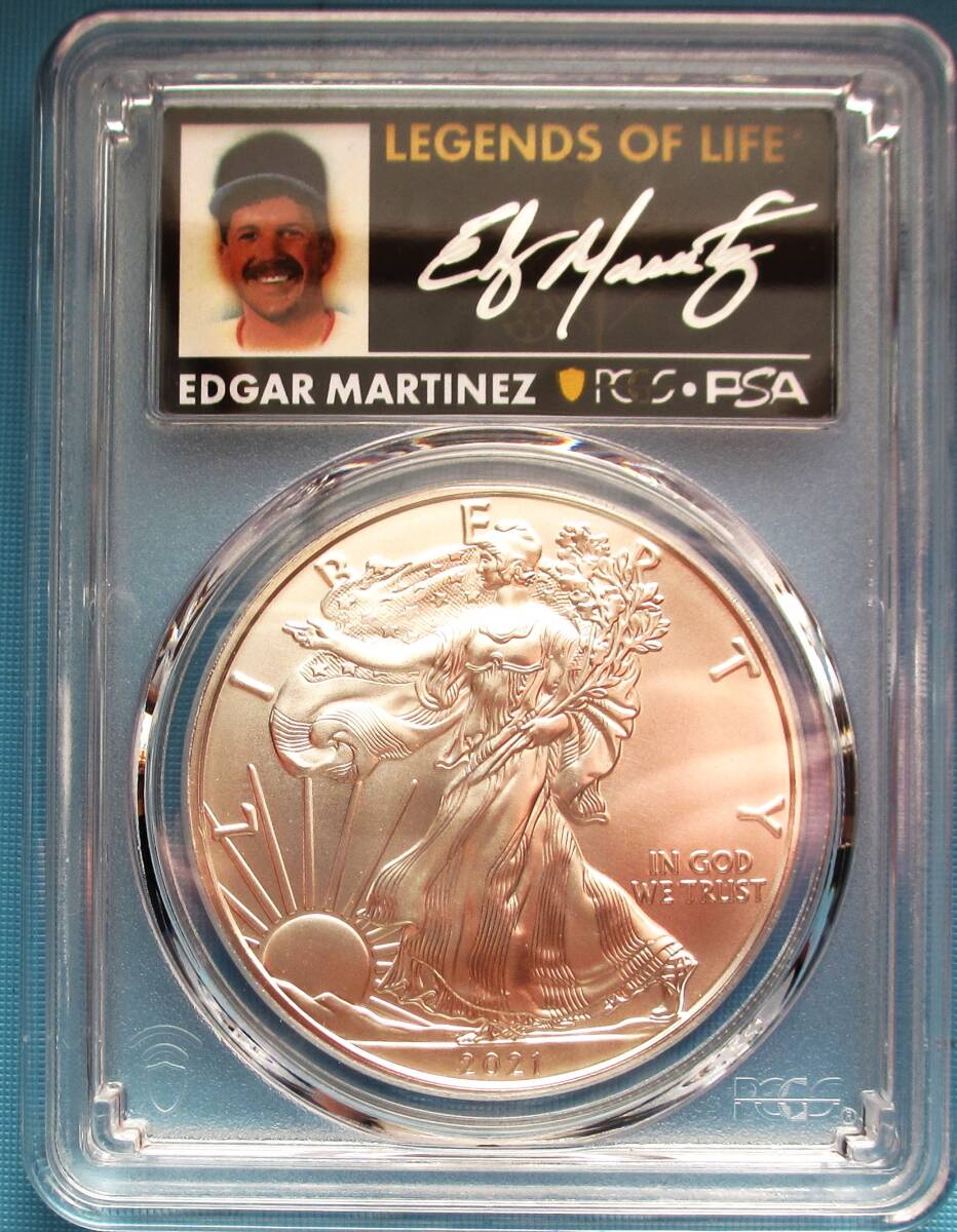 ★★ 最高鑑定 シルバーイーグル 2021-S T-1 Emergency MLBレジェンド Edgar Martinez 直筆サイン １$ .999銀貨 PCGS MS70 ★★_画像1