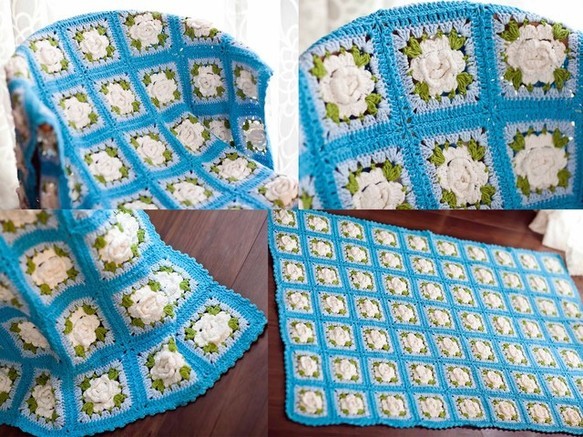  Greece blue & white rose![ solid ] crochet needle braided . flower motif lap blanket / handmade / knitting / key braided / crochet needle braided / sofa cover 