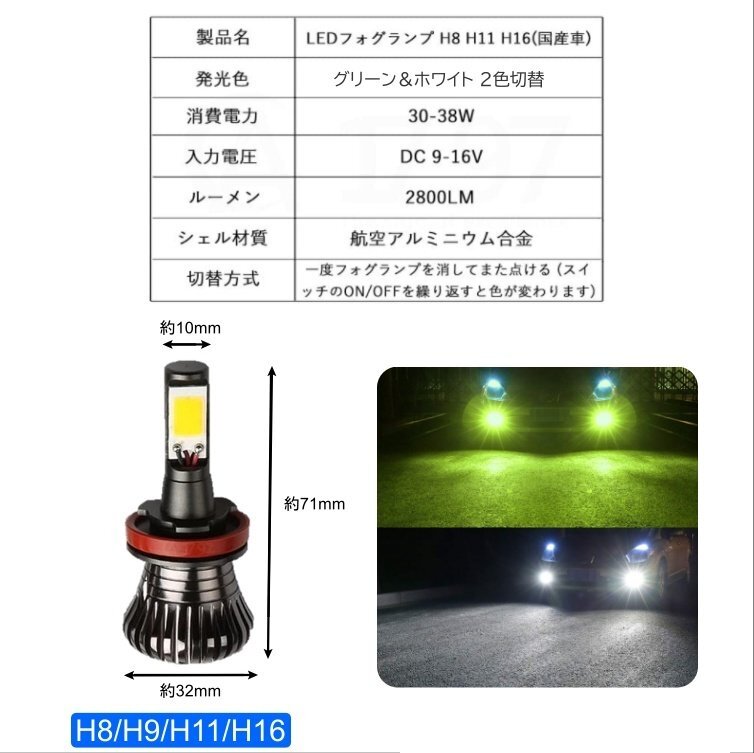 LED フォグランプ 2色切替 カラーチェンジ 4000kグリーン 6000kホワイト LEDバルブ ツインカラー H8/H9/H11/H16の画像10