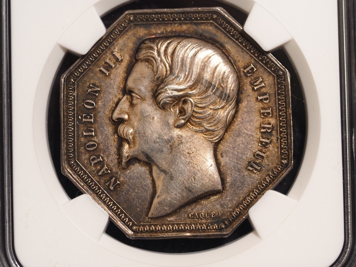 ナポレオン3世 オリンポス12神 ヘルメース★八角形 銀メダル★NGC鑑定済み MS62 アンティークコインの画像1