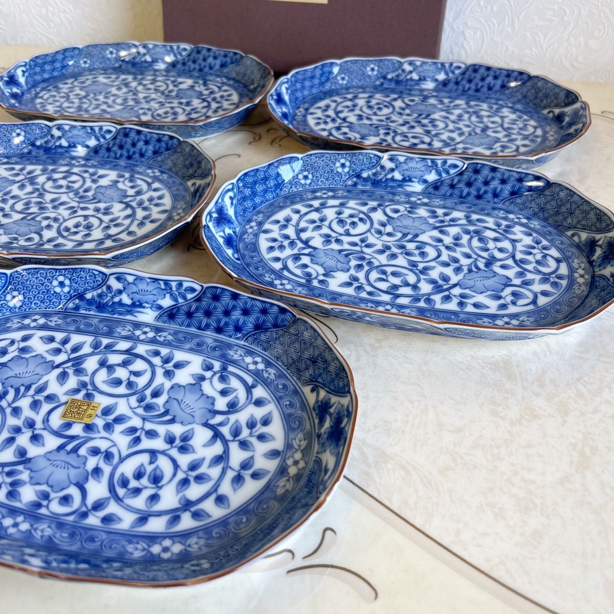 三洋陶器　龍峰窯　ネジリ祥瑞　楕円皿　5枚セット　大皿　中皿　盛皿　染付　古伊万里　和食器