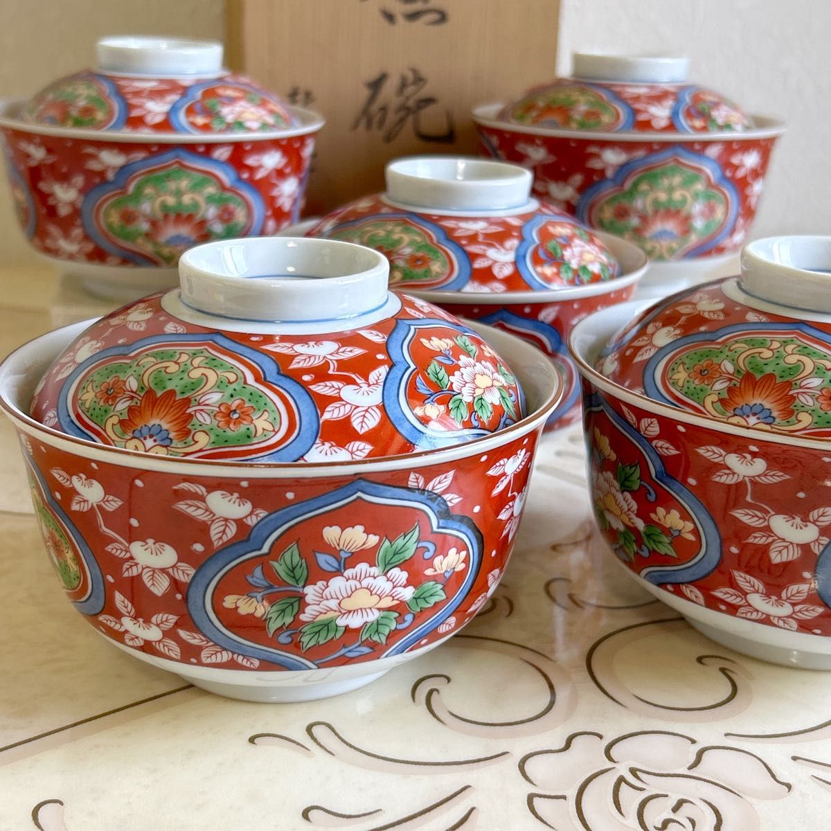 有田焼 龍峰窯 蓋付き丼ぶり 5客セット 古伊万里 色絵 どんぶり 有田焼 龍峰窯 蓋付き丼ぶり 5客セット 古伊万里 色絵 どんぶり