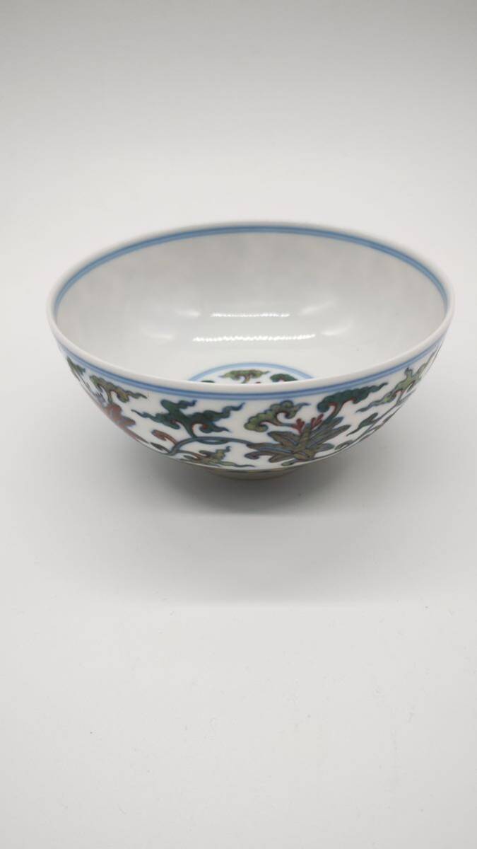 中国 古物 磁器 時代物 茶碗 清時代 染付 花図 文字付き 中国古美術_画像1