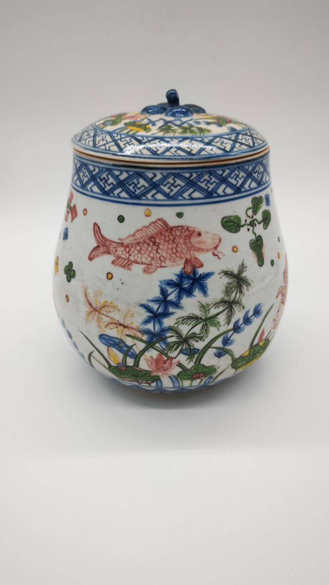中国 古物 磁器 時代物 置物 染付 清時代 色絵 魚 植物 蓋あり 中国古美術
