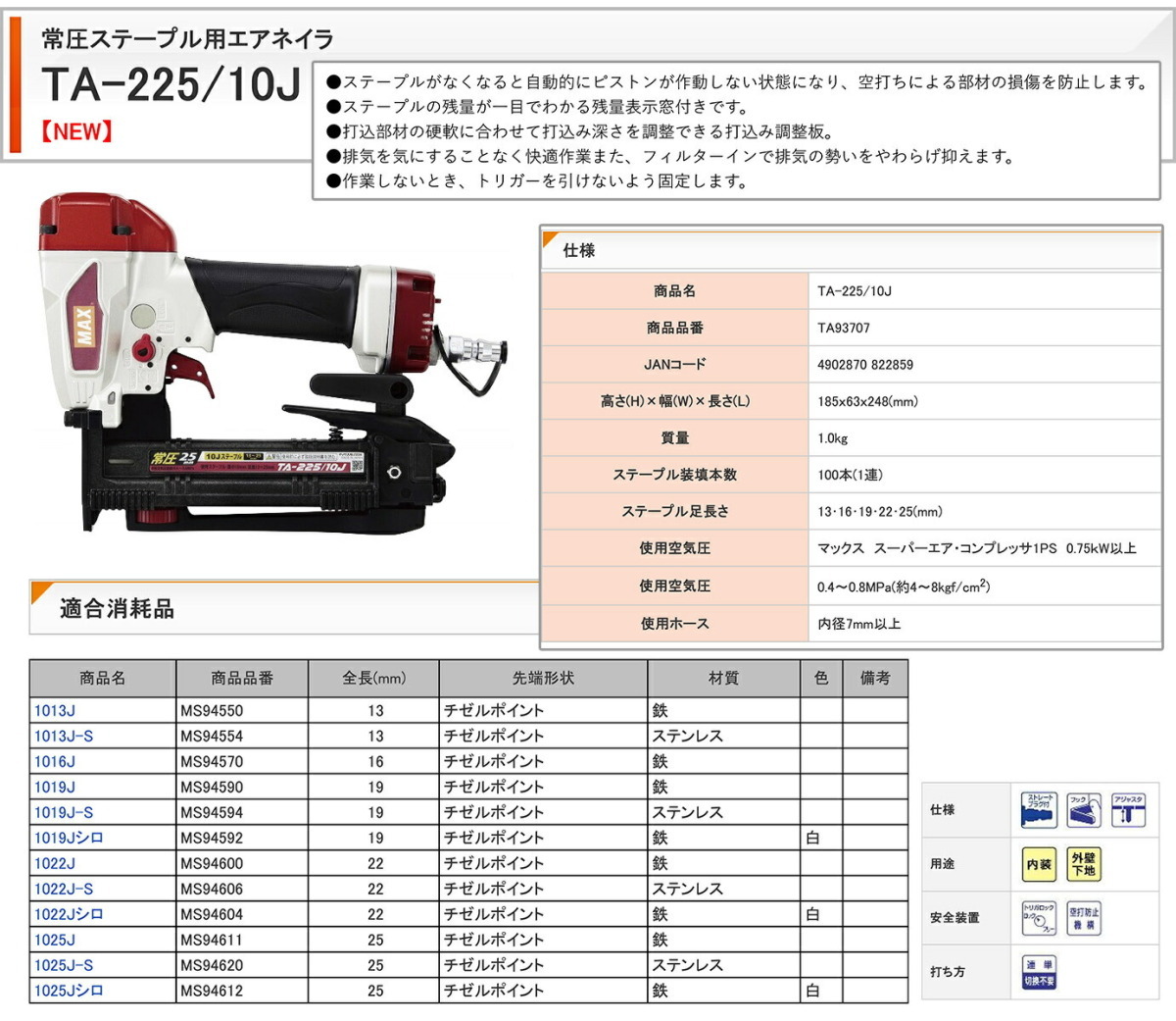 マックス　ステープル用エアネイラ　TA-225／10J_画像2