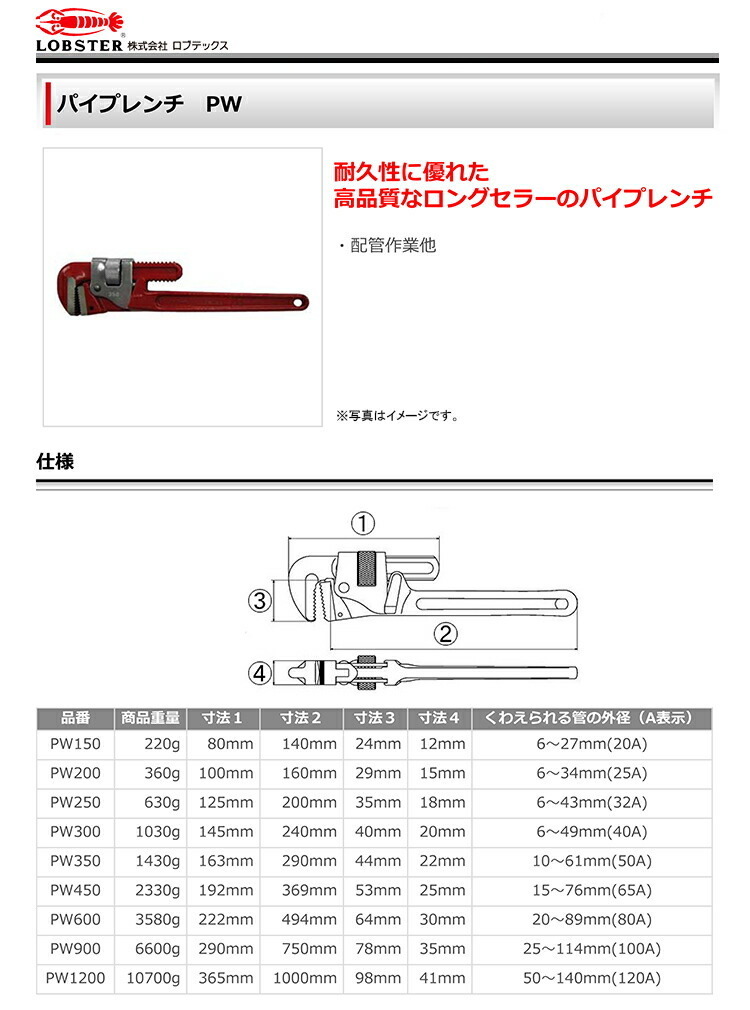 数量限定 〈ロブテックス〉パイプレンチ　PW900_画像2