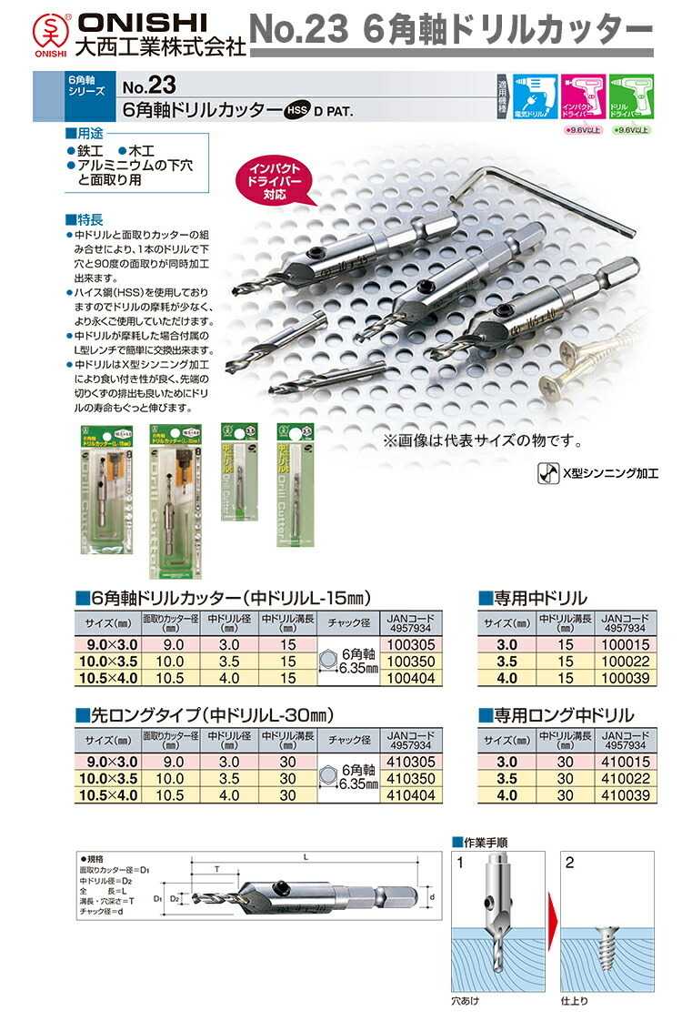 〈大西〉No.23 ６角軸ドリルカッター　専用中ドリル　3.0mm_画像2