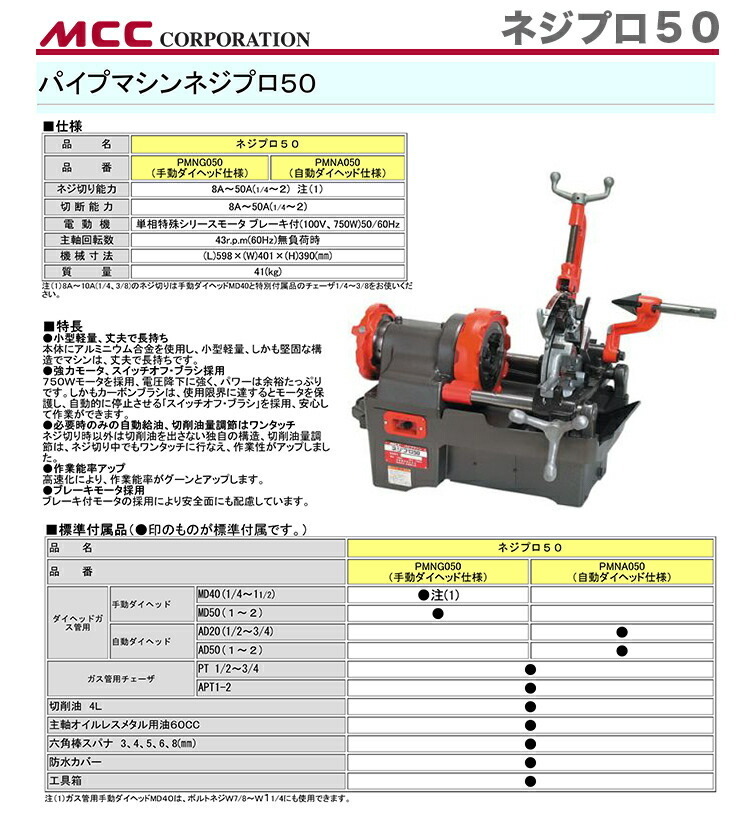 新着商品 〈MCC〉パイプマシン　ネジプロ５０ 　PMNG050_画像2