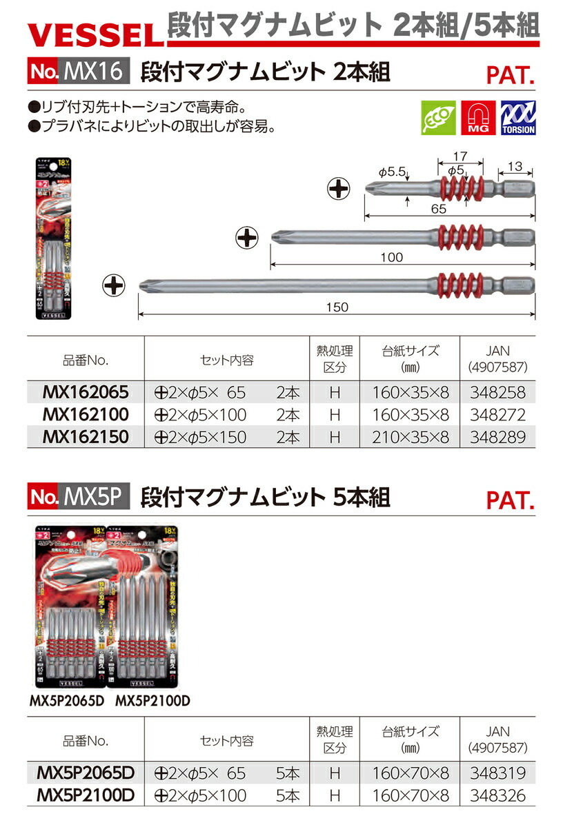 〈ベッセル〉段付マグナムビット +2x65mm(2本)　NO.MX162065_画像2