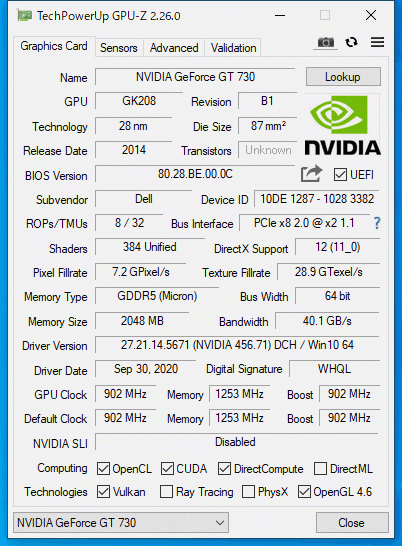 グラフィックカード ロープロファイル NVIDIA GeForce GT730 GDDR5 2GB Displayport 2画面出力 中古 t- 037の画像3