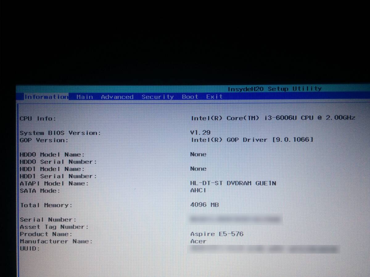 BIOS 確認済 acer Aspire Core i3 6006u 2.0GHz N16Q2 エイサー E5-576-F34D/K_画像2