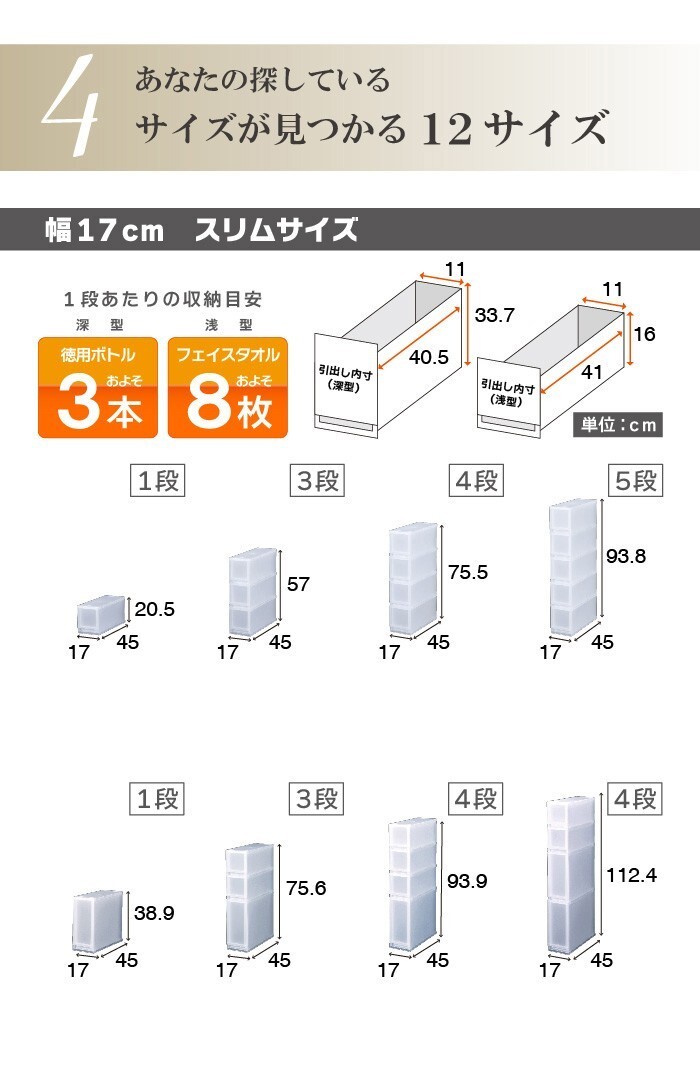 3個セット 衣装ケース 収納ケース プラスチック 引き出し チェスト 幅17cm 奥行45cm 高さ75.5cm 4段 収納ボックス おしゃれ プラストFR1704_画像9