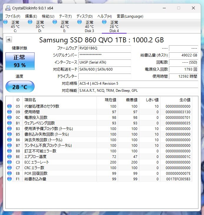 【中古】SAMSUNG 860 QVO SSD 　１TB 2.5インチ SATA II _画像3