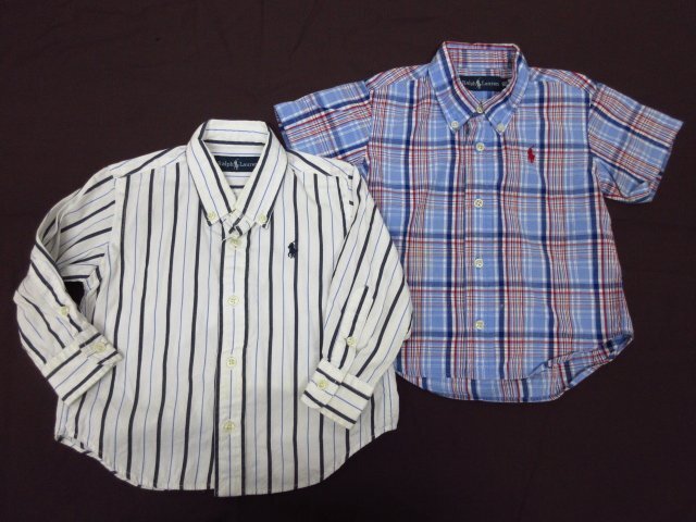 y5271 Ralph Lauren キッズシャツ2枚セット 80サイズ　子供服　半袖/長袖　チェック　ストライプ　ラルフローレン_画像1
