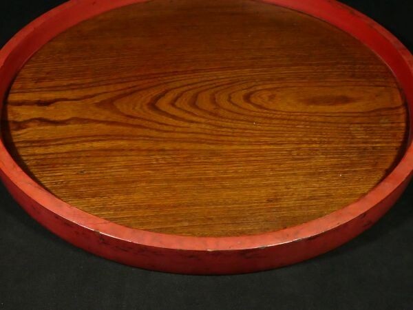 d0425 古い木製漆器 直径 約 44.5cm 朱塗り 盆　検:茶道 茶道具 懐石_画像5