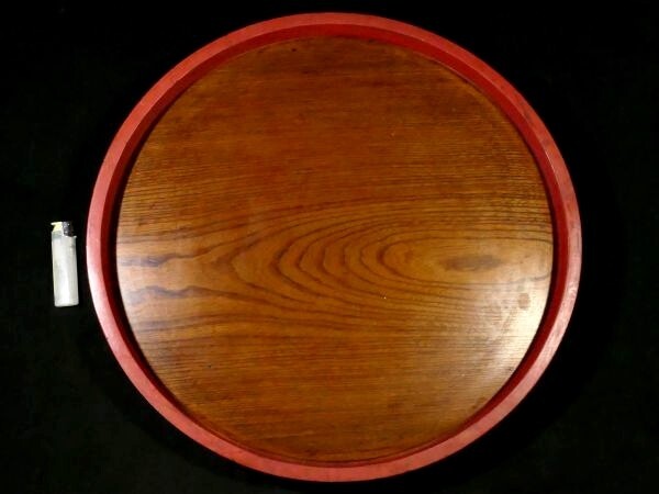 d0425 古い木製漆器 直径 約 44.5cm 朱塗り 盆　検:茶道 茶道具 懐石_画像2