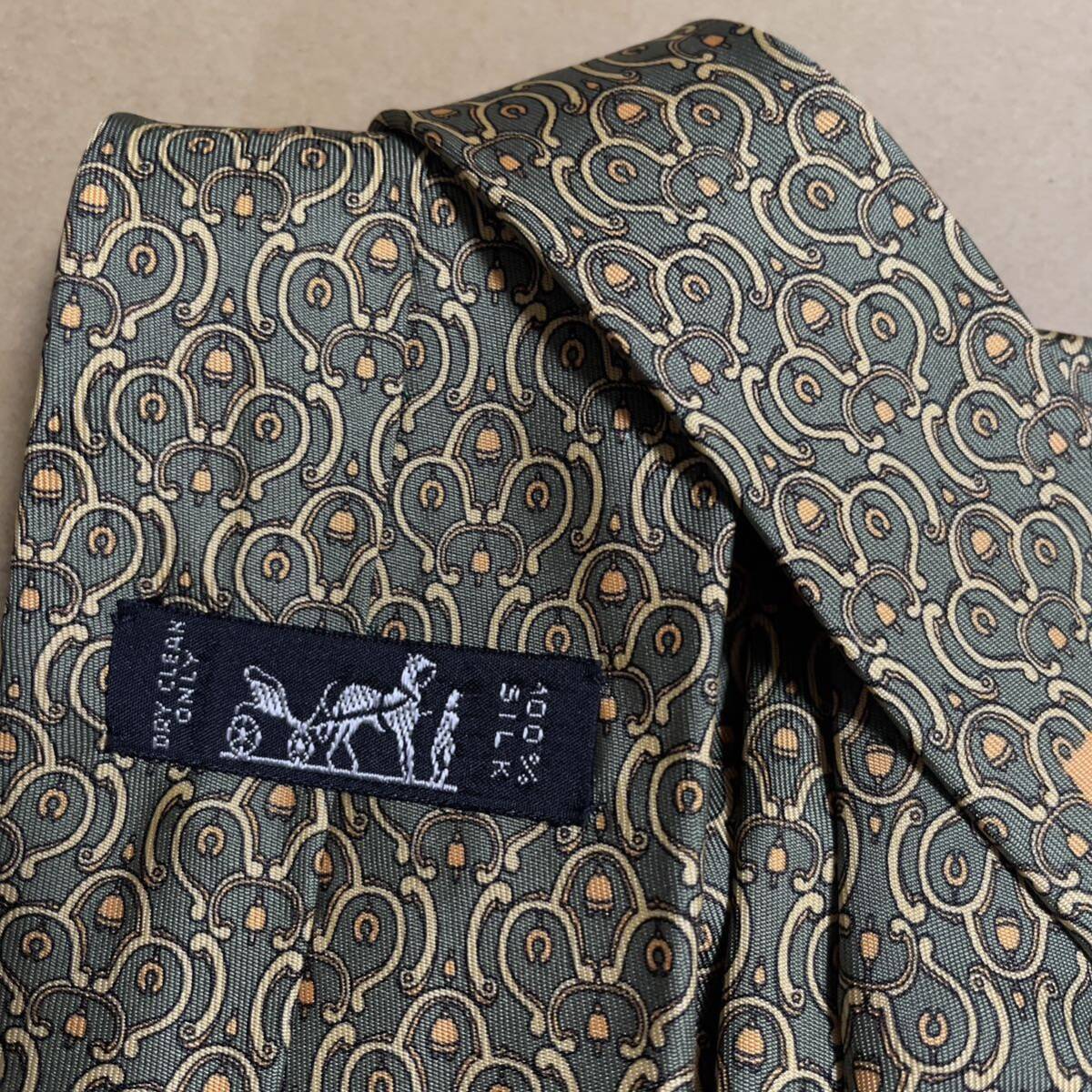 HERMES ネクタイ　100silk フランス製 782MA 総柄　グリーン系_画像9