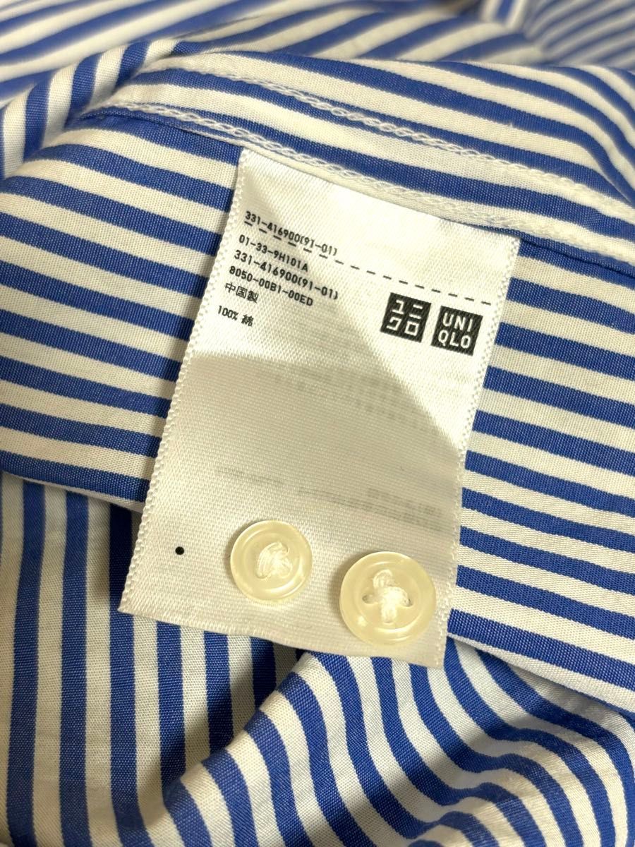 【美品】ユニクロ　ストライプシャツ　ワイシャツ　長袖　ブルー　メンズ　Mサイズ　検)UNIQLO Yシャツ