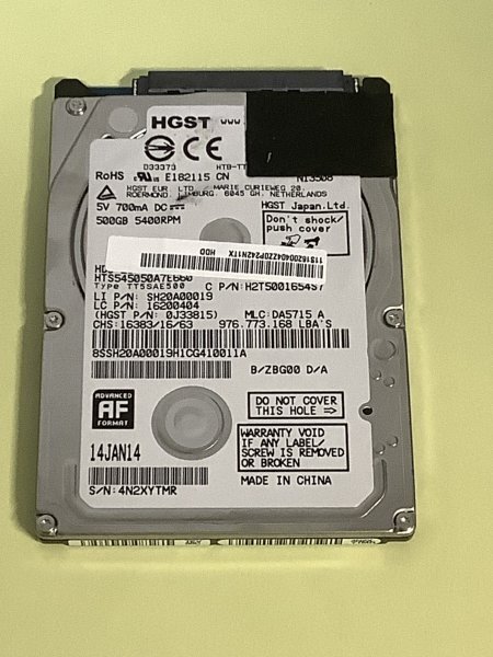 お宝アキバ/7日間保証 HGST製 内蔵 SATA 2.5インチ 大容量HDD 500GB HTS545050A7E660 使用506h CrystalDiskInfoで正常判定 小YTMR_現品画像です