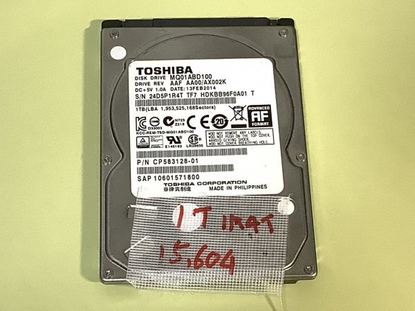 お宝アキバ/7日間保証 東芝製 内蔵 SATA 2.5インチ 大容量HDD 1TB MQ01ABD100 使用15604h CrystalDiskInfoで正常判定 小1R4Tの画像1