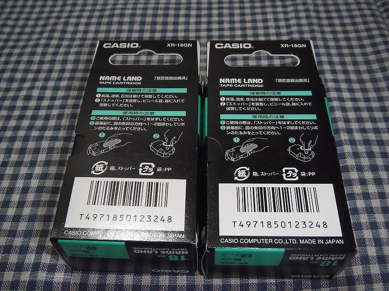 * стоимость доставки 300 иен OK/ не использовался / Casio оригинальный / имя Land / лента картридж 2 шт /18mm чёрный знак зеленый лента /XR-18GN*