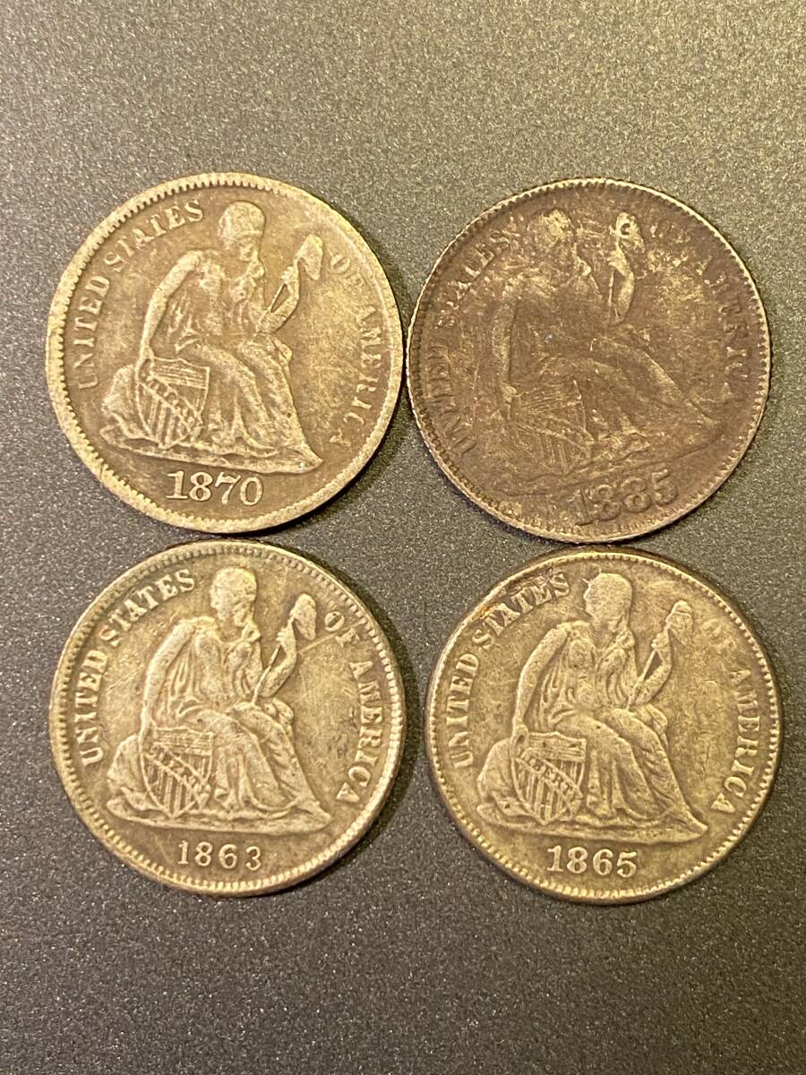 アメリカ旧貨幣　ダイム　DIME シーテッドリバティ4枚　1863年　1865年　1870年　1885年　おまとめ　身辺整理_画像1