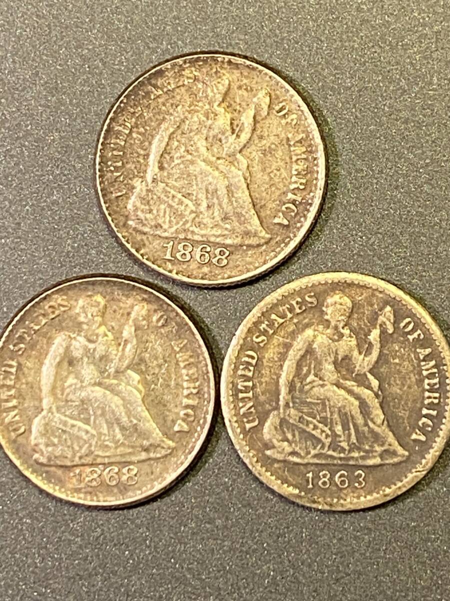 アメリカ旧貨幣　ハーフダイム　HALF DIME シーテッドリバティ3枚　1863年　1868年　1868年　おまとめ　身辺整理_画像1