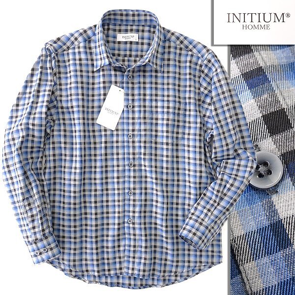 新品 イニシウムオム チェック柄 レギュラーカラー ツイル シャツ L 青 黒 灰 【I53413】 INITIUM HOMME メンズ 長袖 コットンの画像1