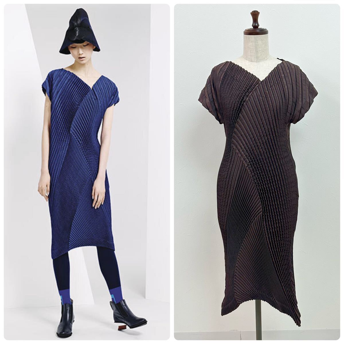 15aw 2015 名作 ISSEY MIYAKE イッセイミヤケ 3D スチームストレッチ 変形 多方向 プリーツ ワンピース ドレス 日本製 ブラウン 系 size 2の画像1