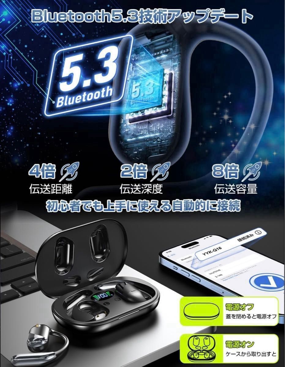 2024年業界初売り 開放型ワイヤレスイヤホン  Bluetooth ゼロ圧迫感 LEDディスプレイ 耳かけ式 空気伝導イヤホン 