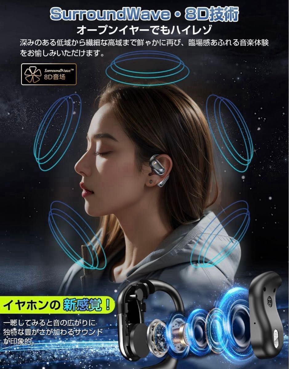 2024年業界初売り 開放型ワイヤレスイヤホン  Bluetooth ゼロ圧迫感 LEDディスプレイ 耳かけ式 空気伝導イヤホン 